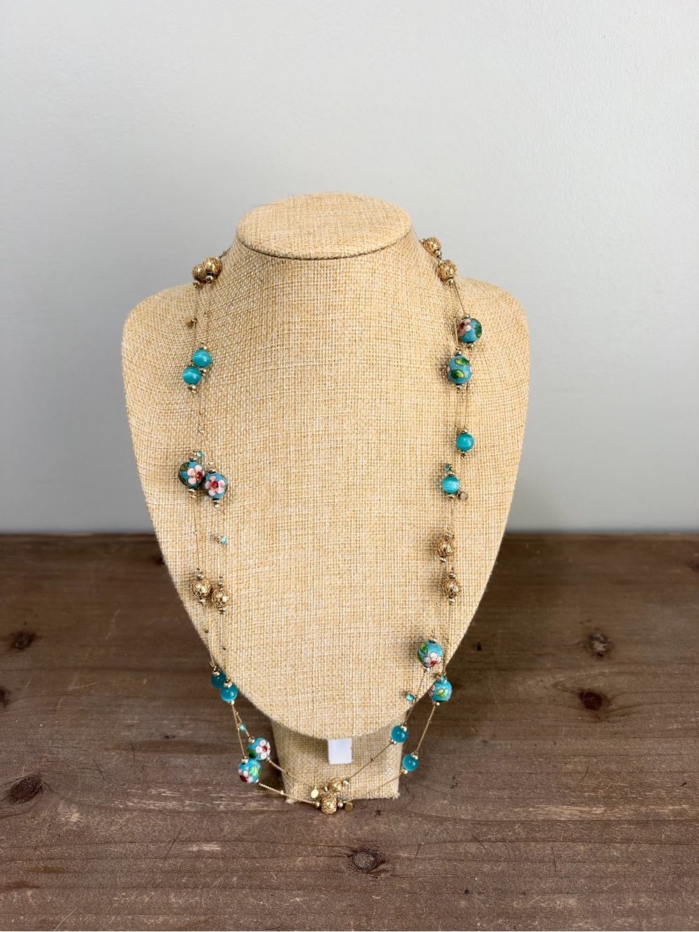 Turquoise Blue Cloisonne Floral Bead Gold Tone Long Necklace